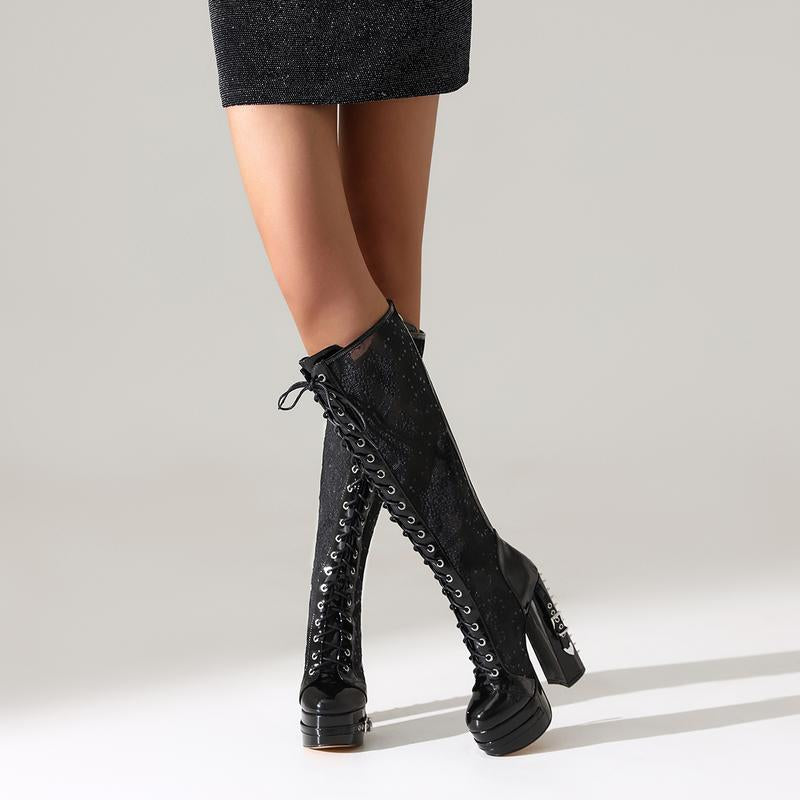 FEINLINA Women's Stylish Black High-Heel Boots with Lace-Up Closure Ultra High Block Heel Round Toe Fabric Upper boots for women vivet boots