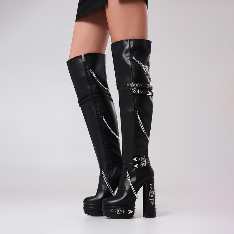 FEINLINA Women's Matte Black Stiletto Boots with Punk Chain Harness & Side Zipper Over-the-Knee Long Boot for Edgy Style Premium Synthetic Leather Footwear boots for women vivet boots