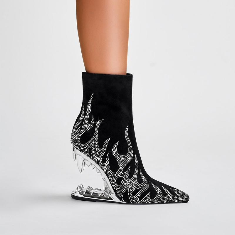 FEINLINA Women's Rhinestone Tooth Heel Boots with Glitter Flame Design for Nightclub Dance Performance - Elegant Novelty Sculpture Fashion Pointed Toe Thin Footwear