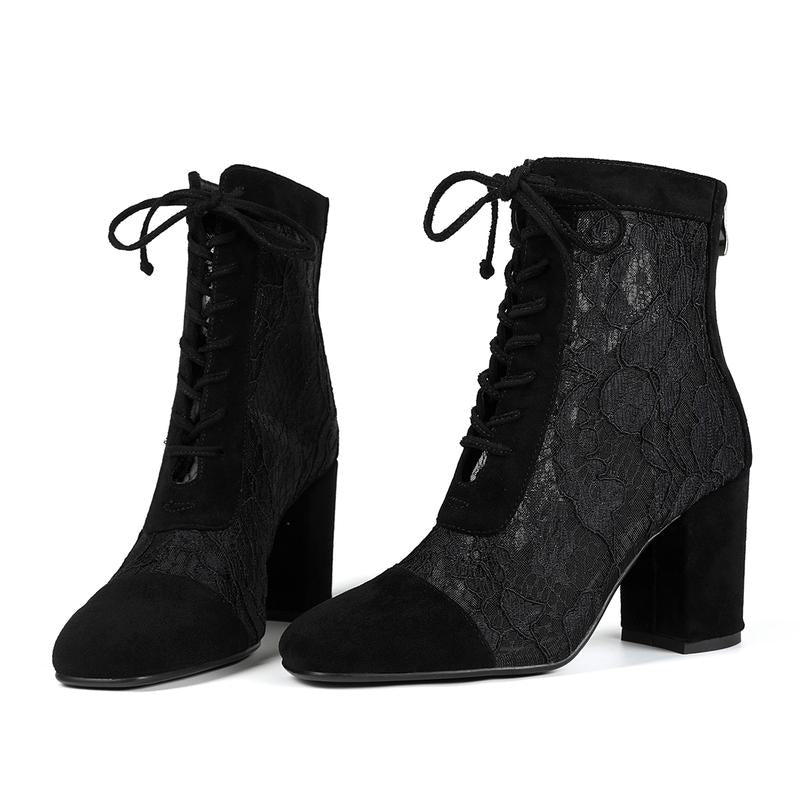 FEINLINA Women's Black Mesh Lace-Up Ankle Boots with Suede Accents and Chunky Block Heel for Stylish Comfort