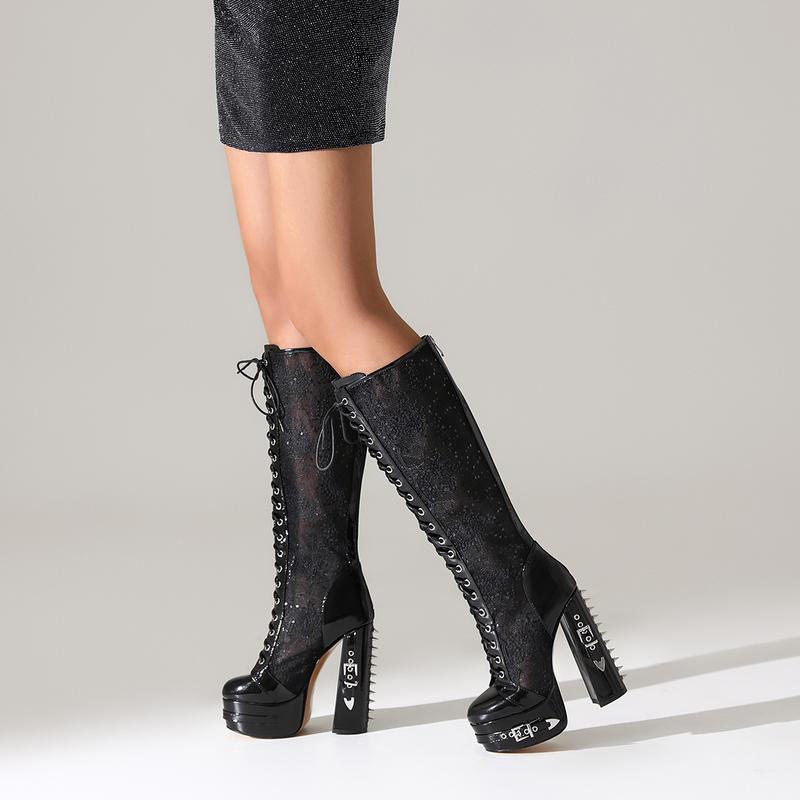 FEINLINA Women's Stylish Black High-Heel Boots with Lace-Up Closure Ultra High Block Heel Round Toe Fabric Upper boots for women vivet boots