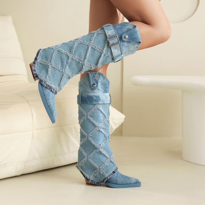 FEINLINA Women's Tie-dye Plaid Pattern Boots Pointed Toe Slip-On Mid Calf Buckle Decor Chunky Heel Stylish Canvas cowgirl boots