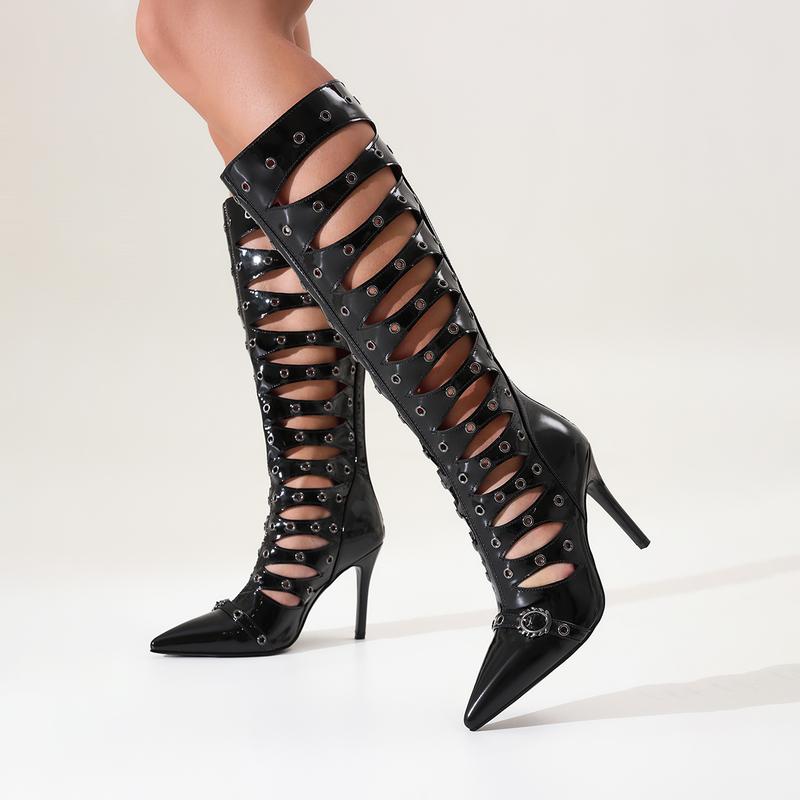 FEINLINA Women's Black Matte Boots with Lace-Up & Side Zipper, Stiletto Hee boots for women