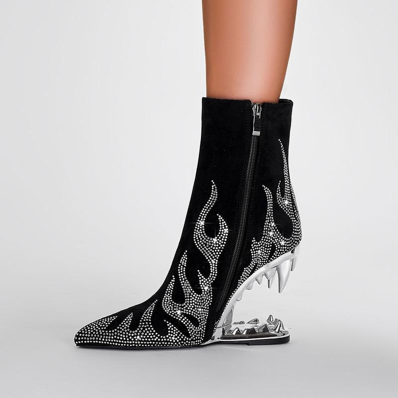FEINLINA Women's Rhinestone Tooth Heel Boots with Glitter Flame Design for Nightclub Dance Performance - Elegant Novelty Sculpture Fashion Pointed Toe Thin Footwear
