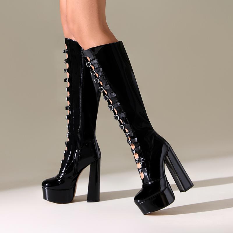 FEINLINA Women's Black Knee-High Boots Cool Solid Artificial Leather with Super High Chunky Heel & Buckle Accent for Edgy Girl Footwear vivet boots boots for women