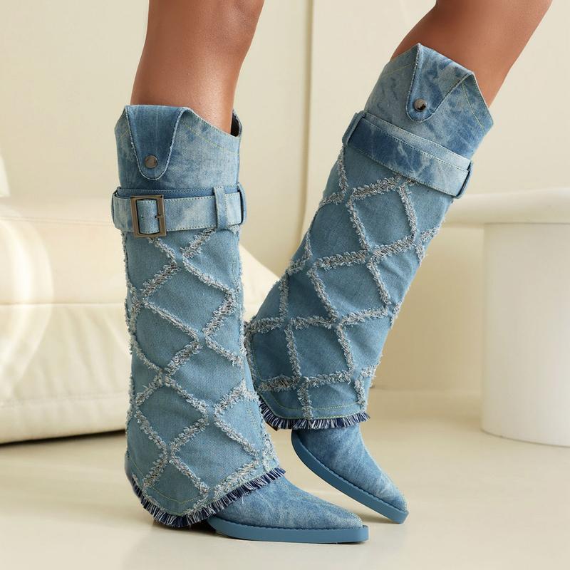 FEINLINA Women's Tie-dye Plaid Pattern Boots Pointed Toe Slip-On Mid Calf Buckle Decor Chunky Heel Stylish Canvas cowgirl boots