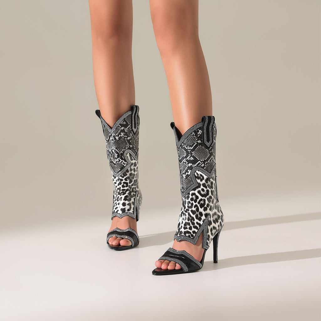 FEINLINA Women's Western Leopard Print Stiletto High Heel Ankle Boots with Open Toe and Zipper Closure for Bold Statements Heeled Sandals Brown Footwear cowgirl boots for women