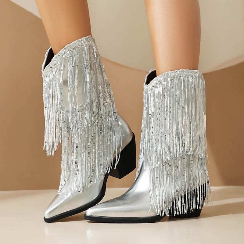 FEINLINA Women's Silver Fringe Cowboy Boots with Sparkly Sequins Pointed Toe High Heel Above The Ankle But Below The Knee Synthetic Leather