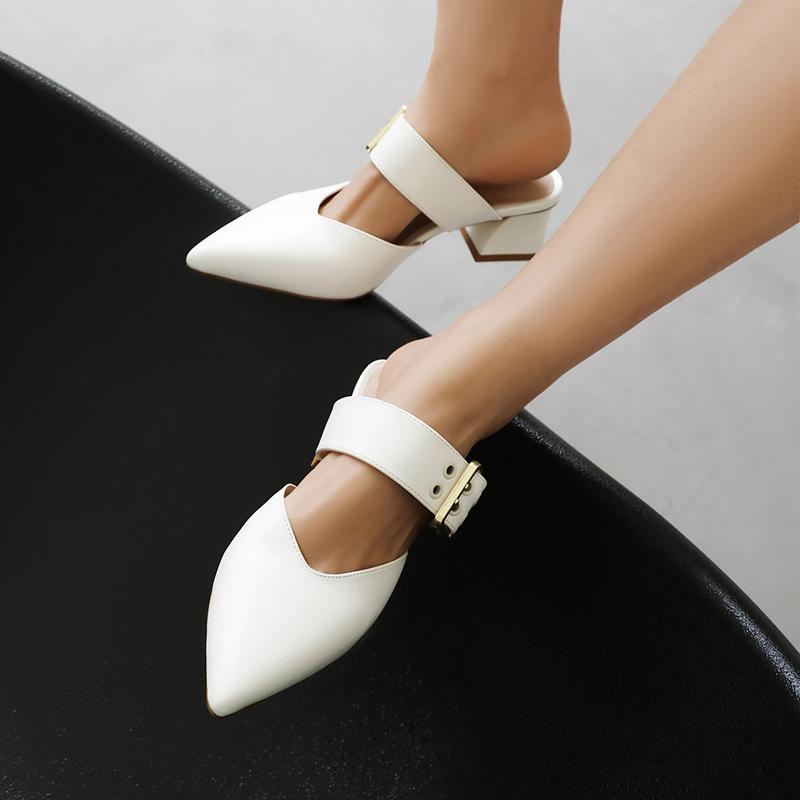 FEINLINA Women's Cream White Pointed Toe Mules Chunky Block Heel Slip-On Slides with Gold-Tone Buckle Strap