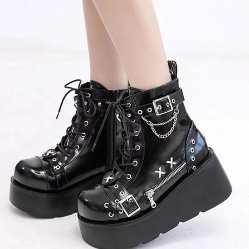 FEINLINA Thick Soled Round Toe Cool Short Boots With Decorative Buckle Straps for Girls Women Platform Heel Zipper Closure Walking Shoes Classic vivet boots