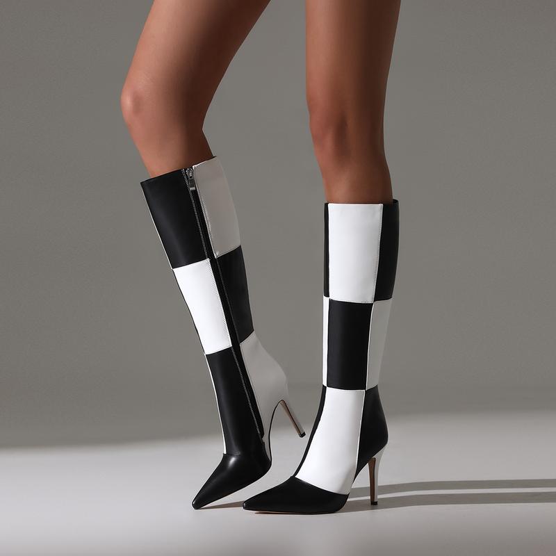 FEINLINA Women's Monochrome Checkered Over-The-Knee Boots with Stiletto Heel & Side Zipper boots for women
