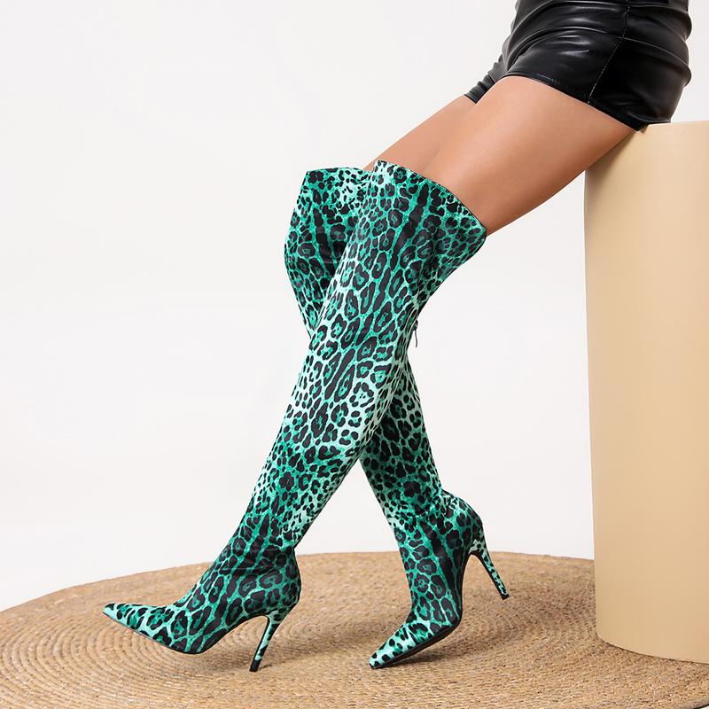 FEINLINA Women's Green Leopard Print Stretch Over-The-Knee Boots with Stiletto Heel & Pointed Toe Fashionable & Stylish TikTok Optimized north  40  outfitters boots for women