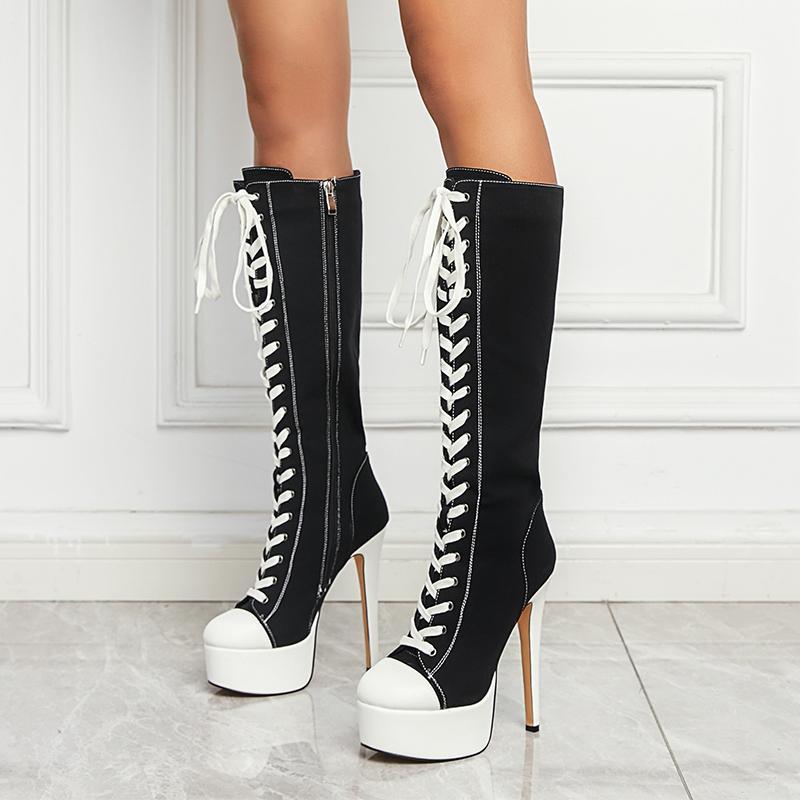 FEINLINA Women's Canvas High-Heeled Boots Fashion Casual Round Toe Lace-Up Straps Super High Stiletto Black & White Footwear boots for women vivet Boots