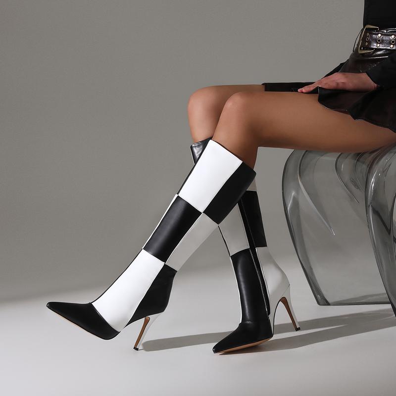 FEINLINA Women's Monochrome Checkered Over-The-Knee Boots with Stiletto Heel & Side Zipper boots for women