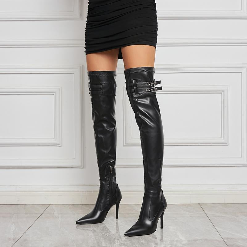 FEINLINA Women's Black Matte Over-The-Knee Stiletto Boots with Side Zipper and Buckle Detail boots for women