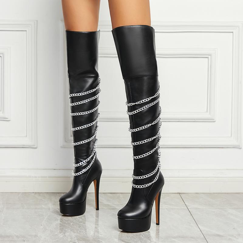 FEINLINA Women's Black Waterproof Over-The-Knee Boots with Decorative Chain Ultra High Stiletto Round Toe Fashion Cyberpunk Style vivet boots boots for women