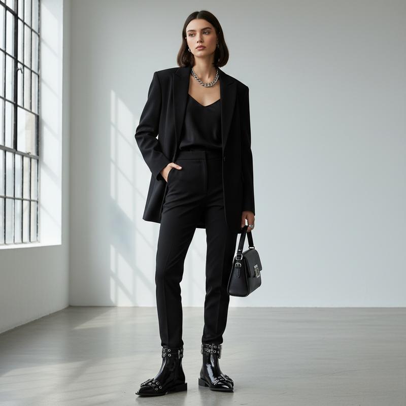 FEINLINA Women's Black Patent Leather Ankle Boots with Metal Buckle Strap Side Zipper Pointed Toe Stylish & Comfortable witch  boots