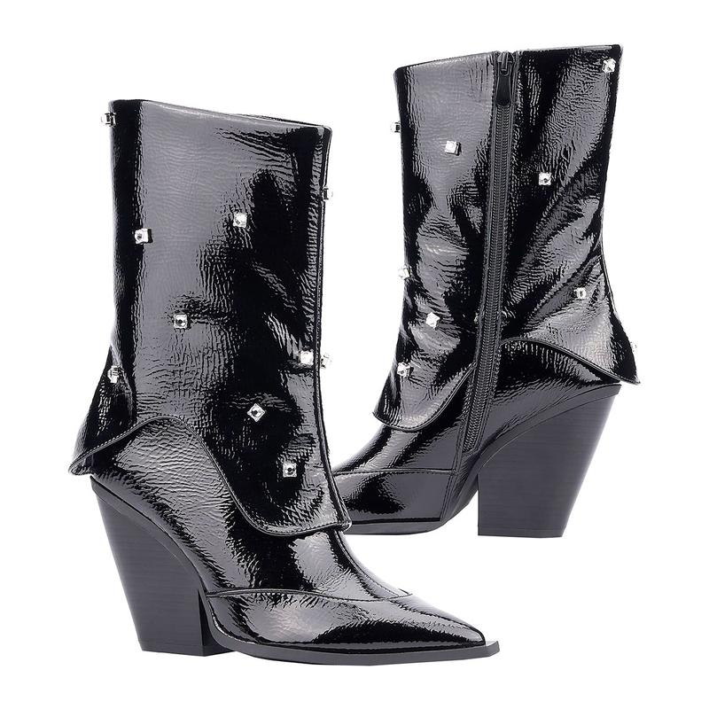 FEINLINA Women's Black Patent Leather Mid-Calf Boots with Studded Embellishments and Chunky Block Heel for Edgy-Chic Style boots for women