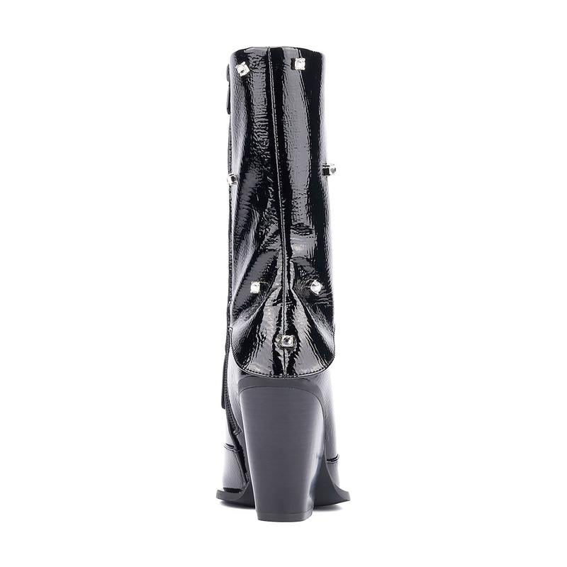 FEINLINA Women's Black Patent Leather Mid-Calf Boots with Studded Embellishments and Chunky Block Heel for Edgy-Chic Style boots for women