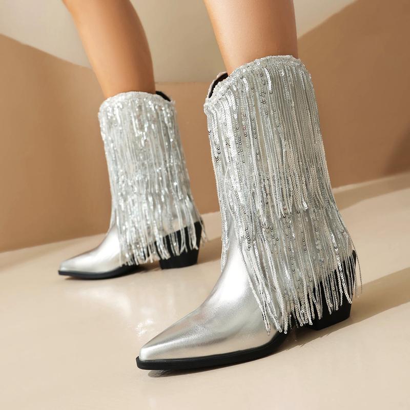 FEINLINA Women's Silver Fringe Cowboy Boots with Sparkly Sequins Pointed Toe High Heel Above The Ankle But Below The Knee Synthetic Leather