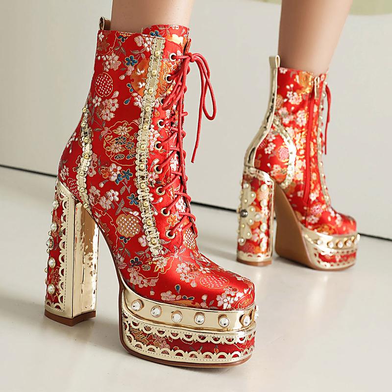 FEINLINA Women's Light Green Rhinestone-Decorated Floral Embellished Fabric Chunky High-Heel Ankle Boots with Ultra High Block Heel & Soft Fabric Lining boots for  women vivet boots