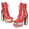 FEINLINA Women's Light Green Rhinestone-Decorated Floral Embellished Fabric Chunky High-Heel Ankle Boots with Ultra High Block Heel & Soft Fabric Lining boots for  women vivet boots