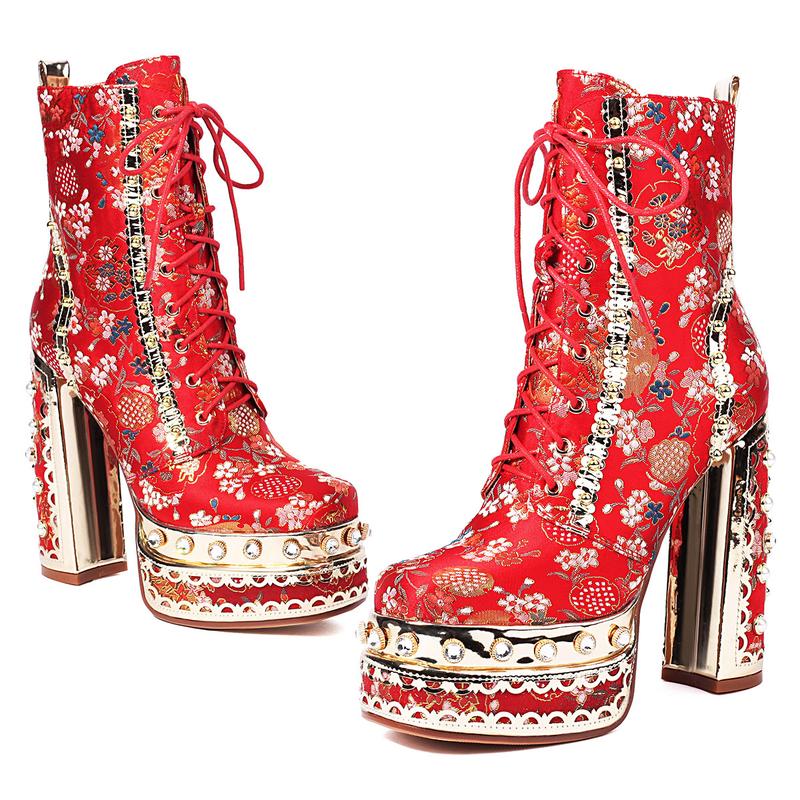 FEINLINA Women's Light Green Rhinestone-Decorated Floral Embellished Fabric Chunky High-Heel Ankle Boots with Ultra High Block Heel & Soft Fabric Lining boots for  women vivet boots