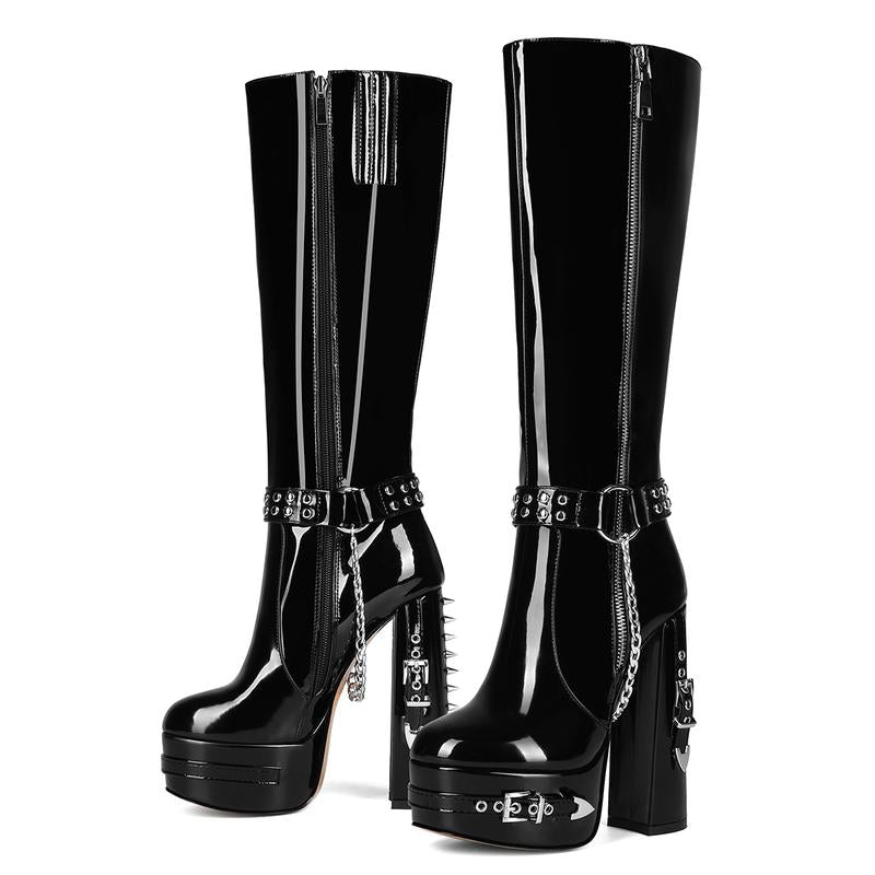 FEINLINA Women's Black Patent Leather Knee-High Boots with Punk Spike Heel & Chain Decorations vivet boots Girl Footwear