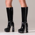 FEINLINA Women's Black Patent Leather Knee-High Boots with Punk Spike Heel & Chain Decorations vivet boots Girl Footwear