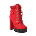 FEINLINA Women's Red Suede Chunky Heel Ankle Boots with Lace-Up Detail Rhinestone Accent & Platform Sole gothic  florist vivet boots