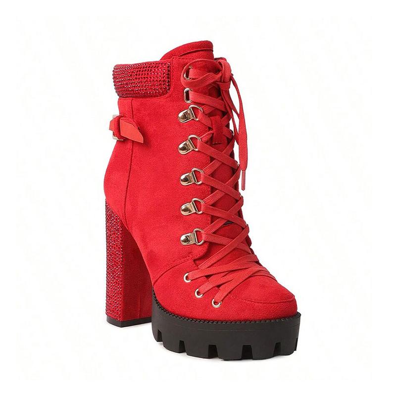 FEINLINA Women's Red Suede Chunky Heel Ankle Boots with Lace-Up Detail Rhinestone Accent & Platform Sole gothic  florist vivet boots