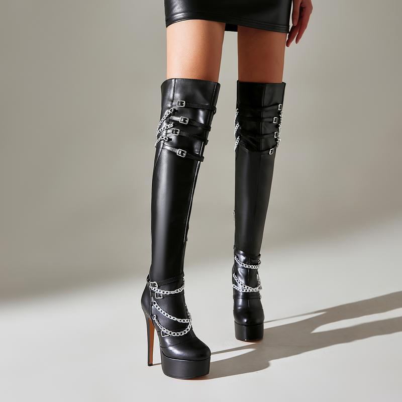 FEINLINA Women's Ultra-High Stiletto Boots with Chain Metal Buckle Waterproof Platform Knee-High Fashion vivet boots boots for womenboots