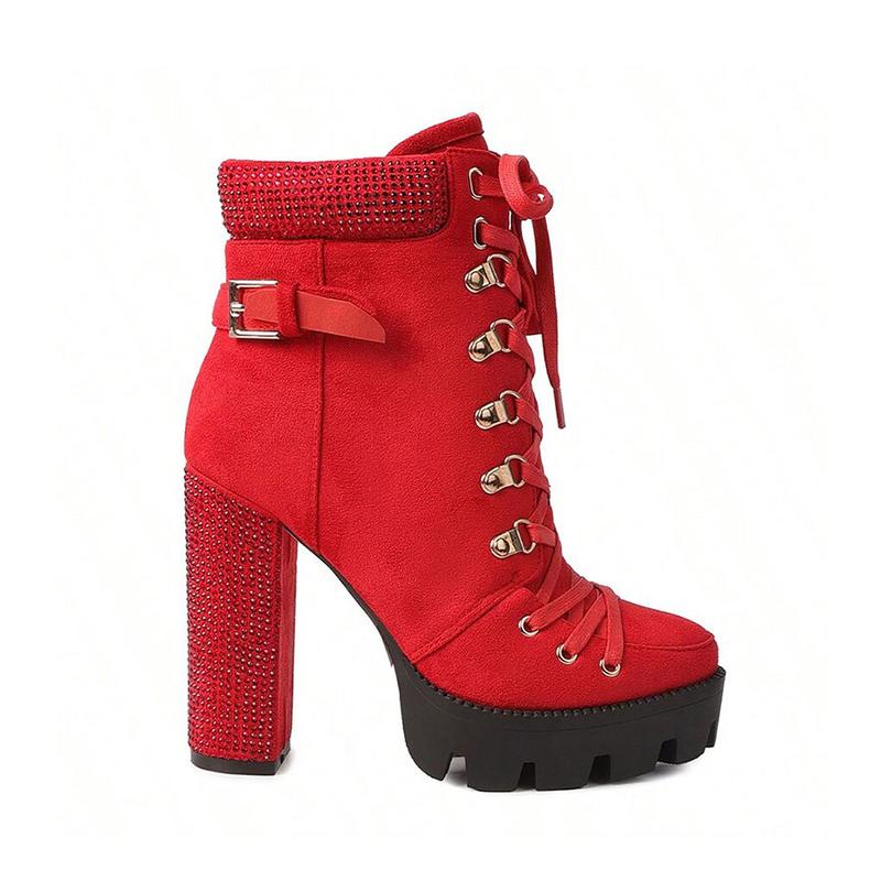 FEINLINA Women's Red Suede Chunky Heel Ankle Boots with Lace-Up Detail Rhinestone Accent & Platform Sole gothic  florist vivet boots