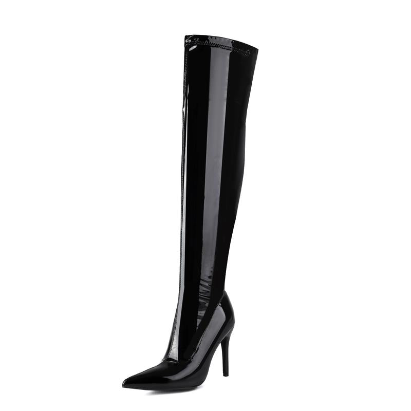 FEINLINA Women's Black Synthetic Leather Stiletto High Heel Knee High Boots with Zipper Closure Pointed Toe Fashionable Casual Footwear Shoe  boots for women