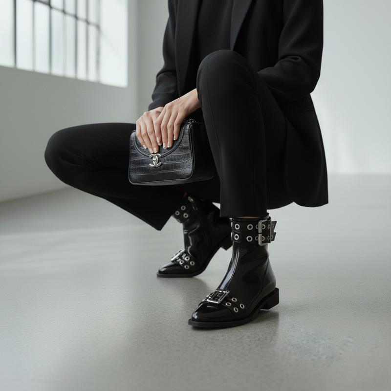FEINLINA Women's Black Patent Leather Ankle Boots with Metal Buckle Strap Side Zipper Pointed Toe Stylish & Comfortable witch  boots