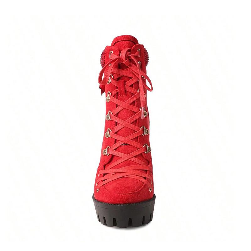 FEINLINA Women's Red Suede Chunky Heel Ankle Boots with Lace-Up Detail Rhinestone Accent & Platform Sole gothic  florist vivet boots
