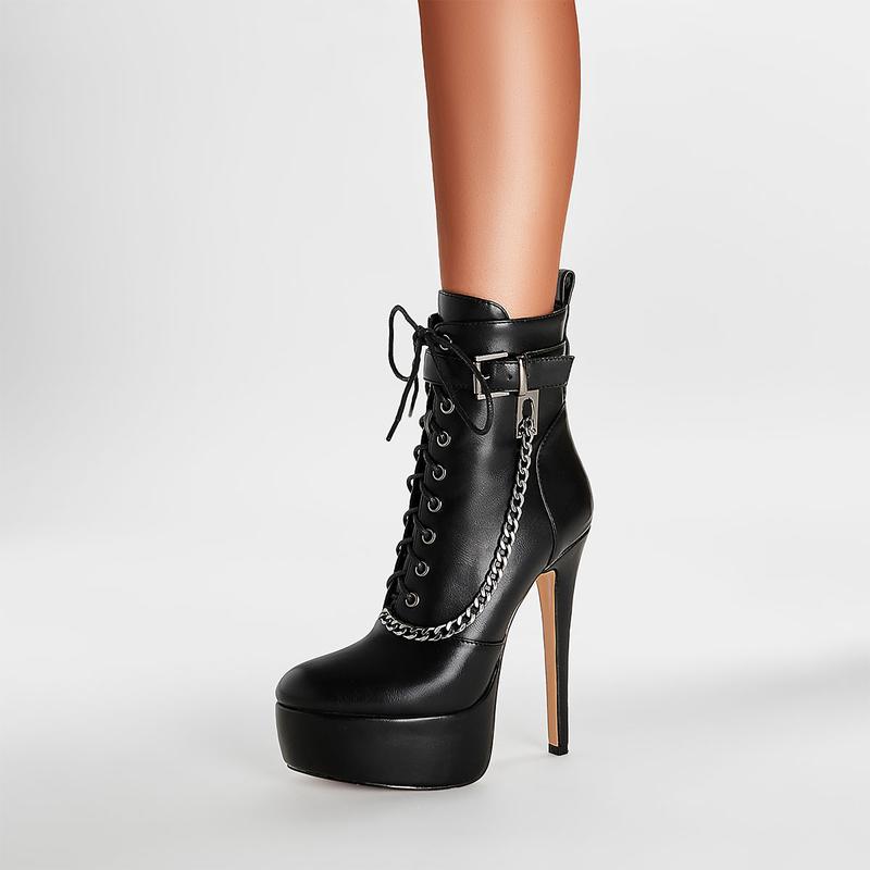 FEINLINA Women's Black Ankle Boots with Metal Chain Decor Lace-Up Design and Stiletto Heel Fashionable and Stylish boots for women vivet boots