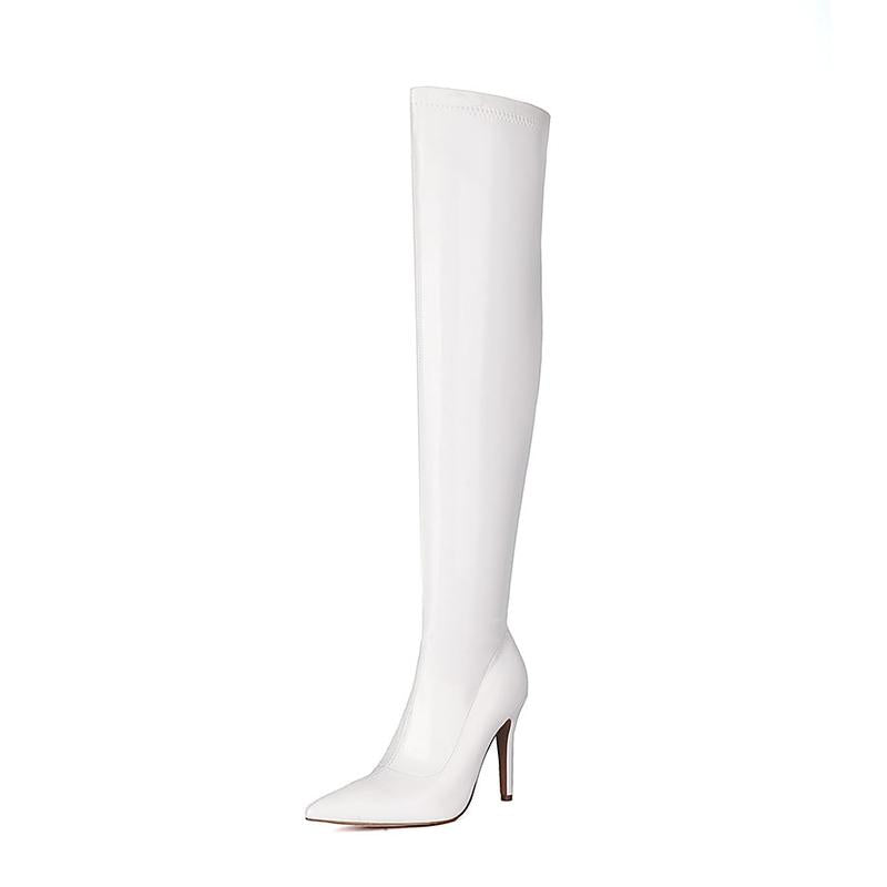 FEINLINA Women's Black Synthetic Leather Stiletto High Heel Knee High Boots with Zipper Closure Pointed Toe Fashionable Casual Footwear Shoe  boots for women