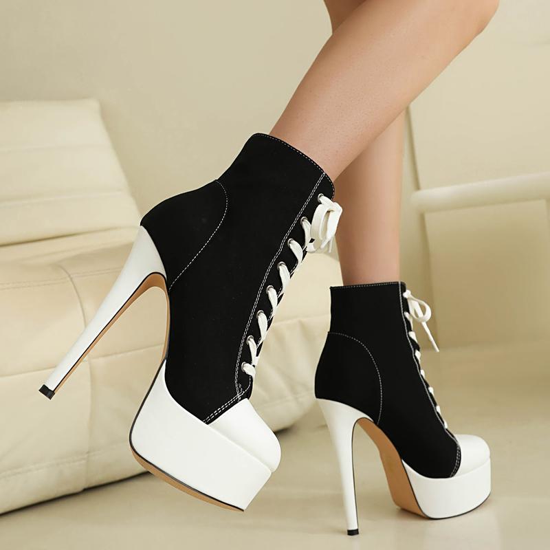 FEINLINA Women's Fashion Round Toe Canvas Lace-up High Platform 15cm Heel Ankle Boots Classic Stylish Walking Shoes Footwear Ballroom boots for women vivet boots