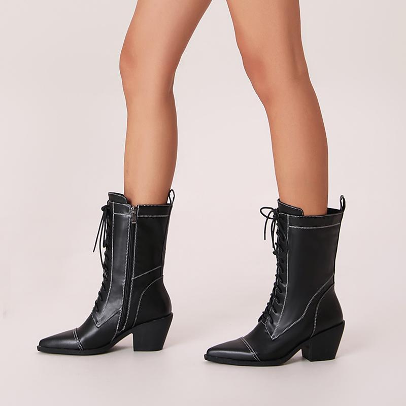 FEINLINA Women's Lace-Up Mid-Calf Boots Comfortable Pointed Toe Chunky Heels Shoes Artificial Leather Upper Fabric Lining   cowgirl boots