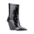 FEINLINA Women's Black Patent Leather Mid-Calf Boots with Studded Embellishments and Chunky Block Heel for Edgy-Chic Style boots for women