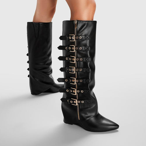 FEINLINA Women's Black Matte  Stiletto Boots with Multi-Strap Harness & Metal Buckles for Casual Wear gothic  florist  long boot Footwear cowgirl boots