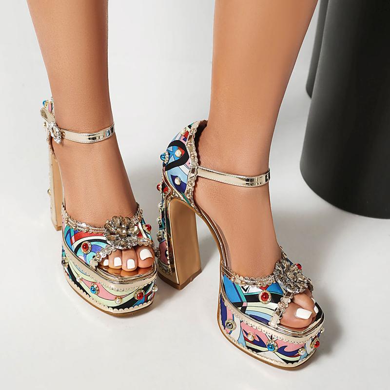 FEINLINA Women's Color-Blocked High-Heeled Sandals with Sequin/Peep Toe & Chunky Heel boots for women vivet boots