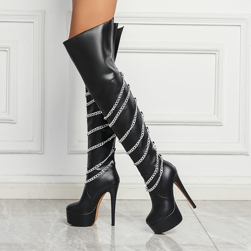 FEINLINA Women's Black Waterproof Over-The-Knee Boots with Decorative Chain Ultra High Stiletto Round Toe Fashion Cyberpunk Style vivet boots boots for women
