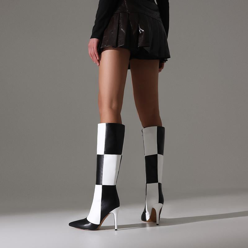 FEINLINA Women's Monochrome Checkered Over-The-Knee Boots with Stiletto Heel & Side Zipper boots for women