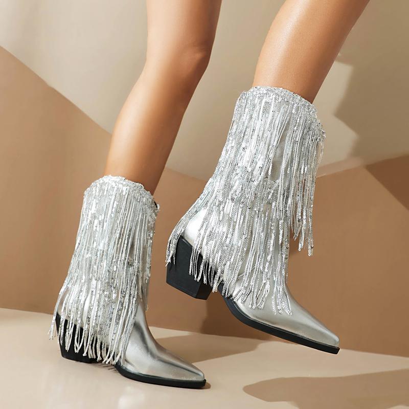 FEINLINA Women's Silver Fringe Cowboy Boots with Sparkly Sequins Pointed Toe High Heel Above The Ankle But Below The Knee Synthetic Leather