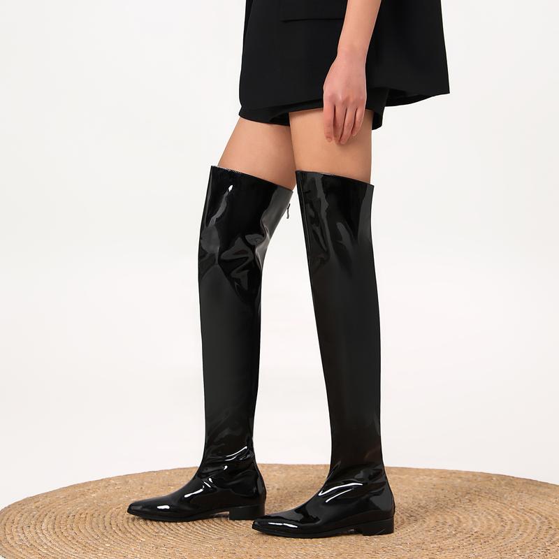 FEINLINA Women's Black Patent Leather Over-the-Knee Boots with Pointed Toe Low Block Heel  Zipper Closure Stylish & Comfortable