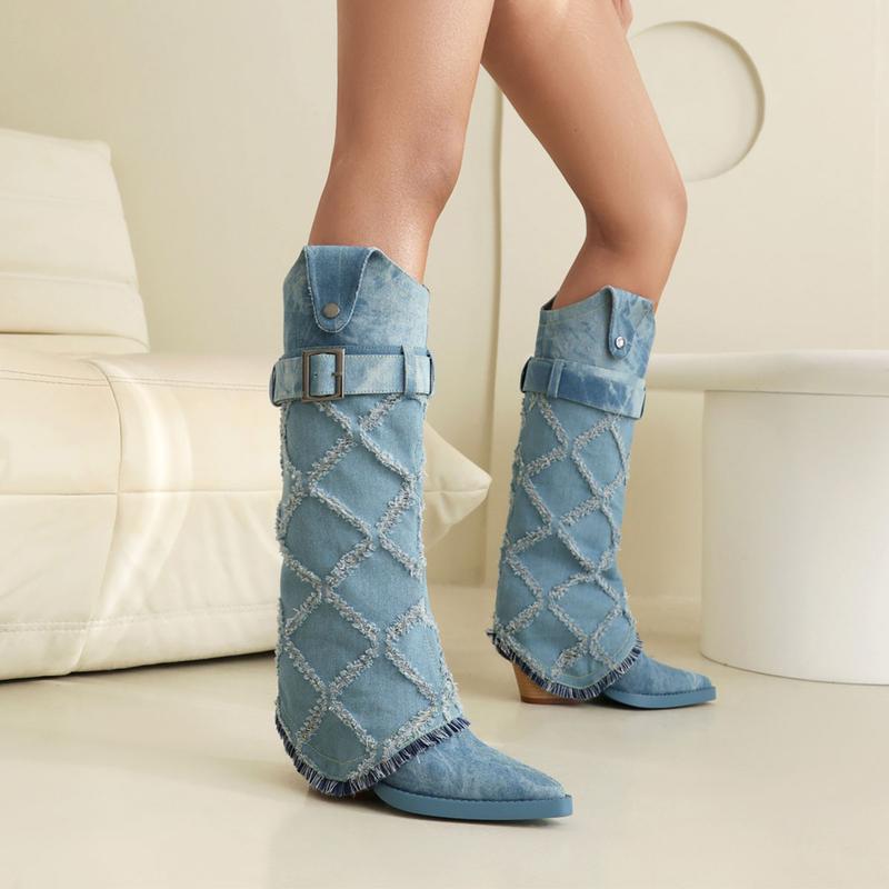 FEINLINA Women's Tie-dye Plaid Pattern Boots Pointed Toe Slip-On Mid Calf Buckle Decor Chunky Heel Stylish Canvas cowgirl boots