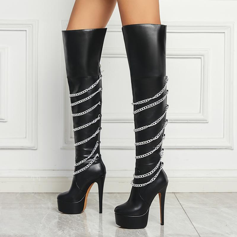 FEINLINA Women's Black Waterproof Over-The-Knee Boots with Decorative Chain Ultra High Stiletto Round Toe Fashion Cyberpunk Style vivet boots boots for women