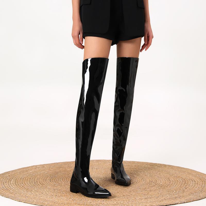 FEINLINA Women's Black Patent Leather Over-the-Knee Boots with Pointed Toe Low Block Heel  Zipper Closure Stylish & Comfortable